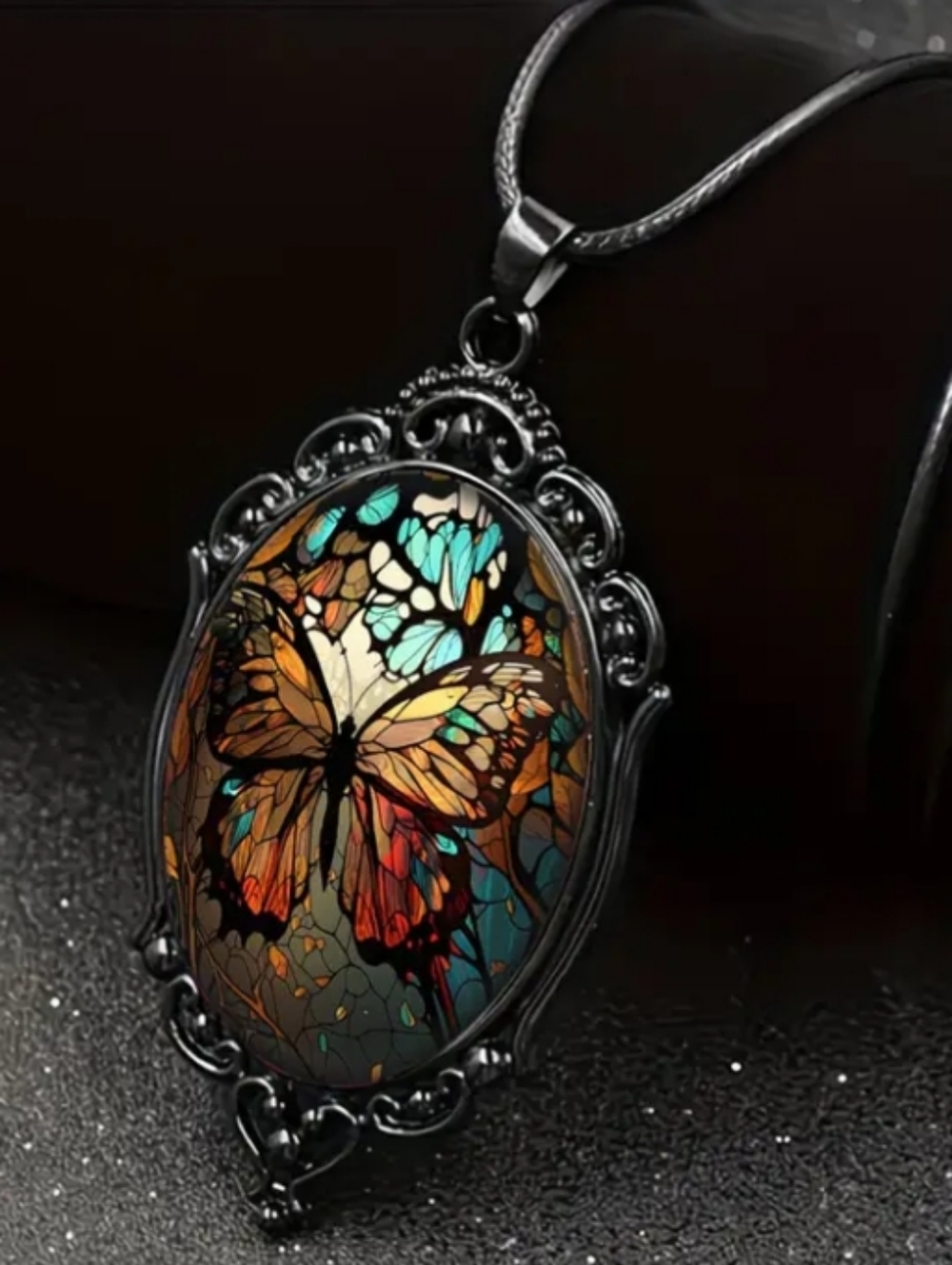 Vintage Butterfly Glass Pendant Necklace in Black - Picture 3 of 4